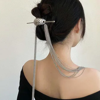 Nuovo bastoncino per capelli cinese con nappa lunga donna coda di cavallo chignon colore argento cheongsam forcina forchette gioielli classici per capelli