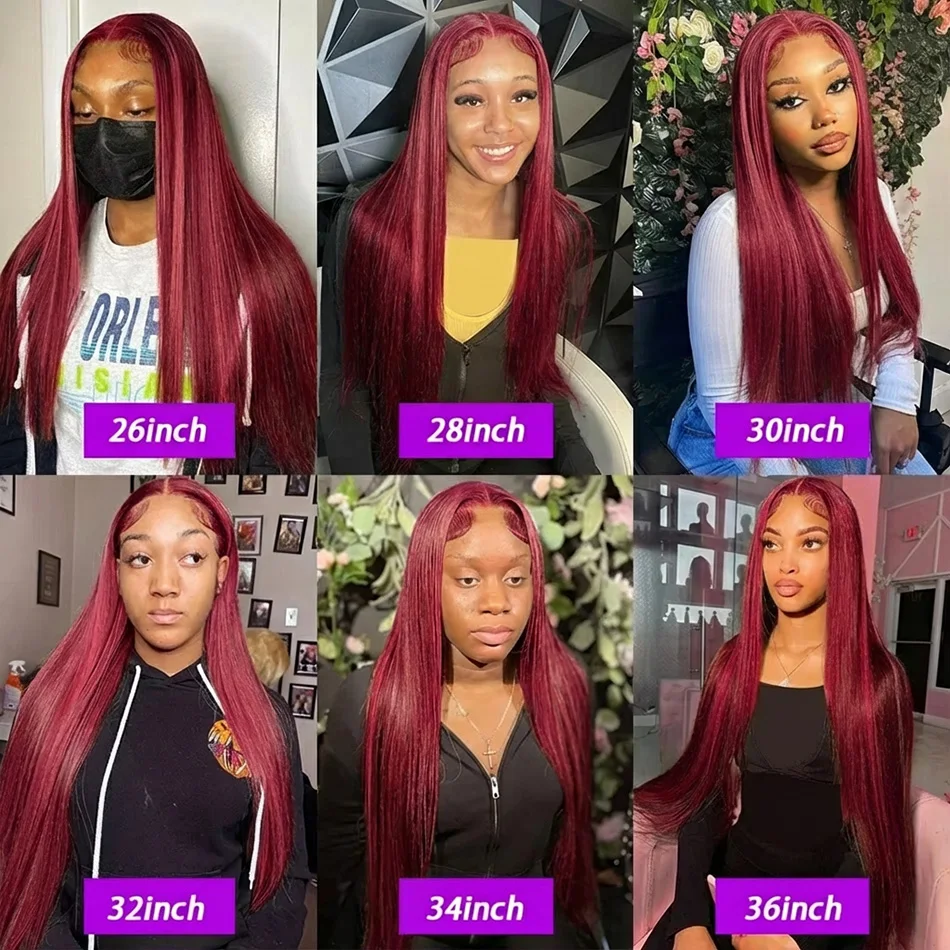 250 Density Red 99J Straight Colored 13x4 Lace Front Human Hair Wigs Burgundy Transparent Lace Frontal Human Hair Wig For Women 4