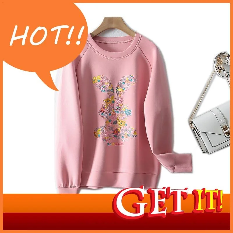 

Autumn 2023 New Women SAMGPILEE Hoodie Cartoon Sweet Figure Embroidery Air Cotton O Neck Korean Style Straight Woman Blouses 4XL