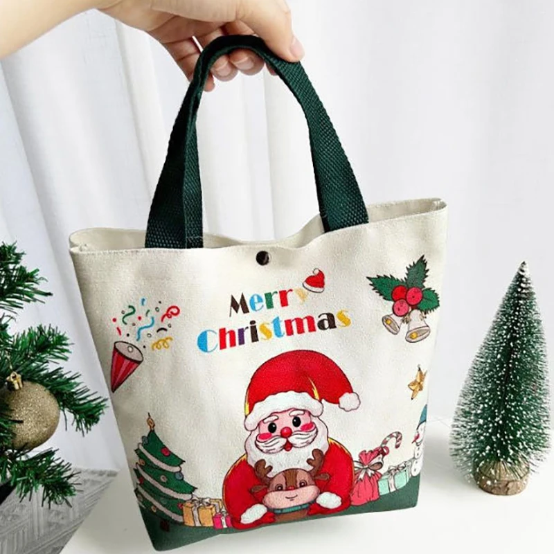 1PC Christmas Gift Bags With Santa Claus Reindeer & Snowman Designs Durable Canvas Tote Bags Party Candy Gift Storage Bag Bulk