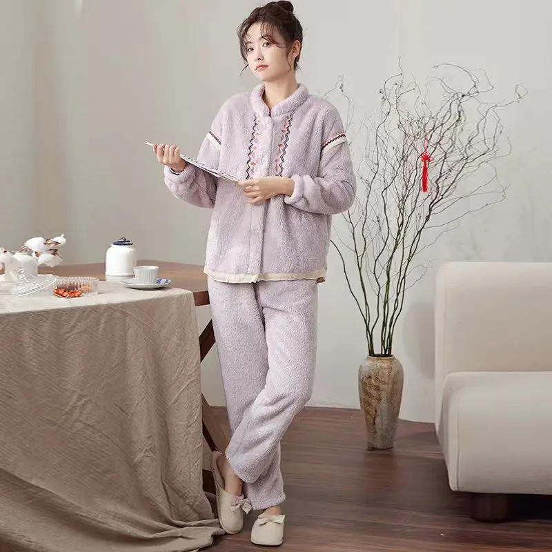Chinese Style Three Colors Are Available Autumn and Winter Add Fleece To Thicken Fashion  Loungewear Pajamas Can Be Worn Outside