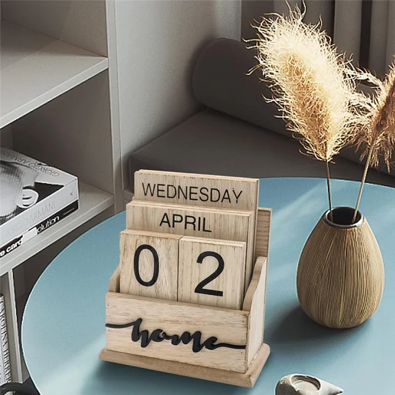 Calendario perpetuo Calendario in legno vintage con blocchi di legno per la scrivania dell'home office Decora ornamenti Settimana Mese Data Display-AT64 - immagine 3