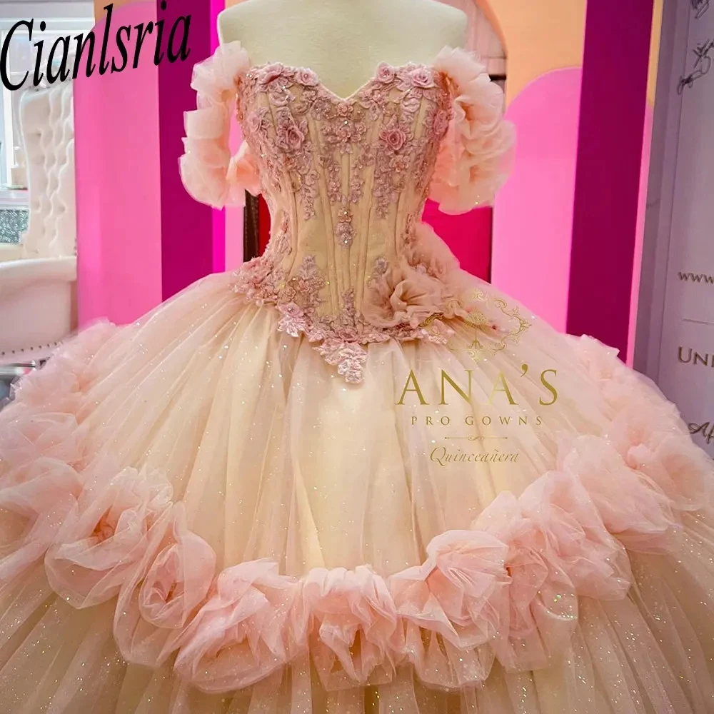 

Многоярусное бальное платье принцессы с 3D цветами, платья для Quinceanera с открытыми плечами, кружевной корсет с аппликацией, платья 15 лет