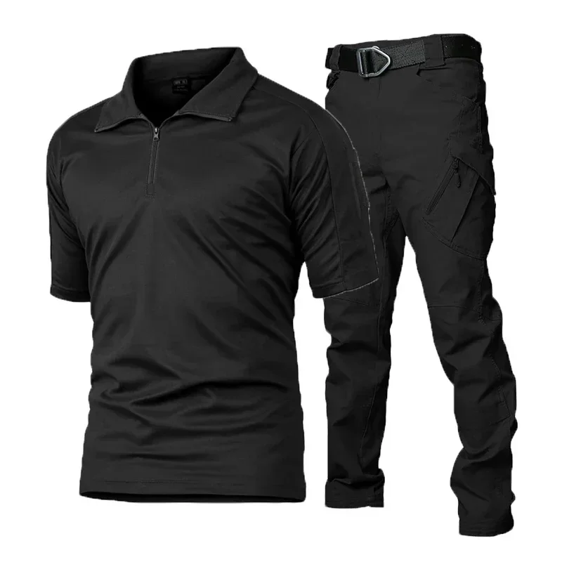 Camiseta e camisa curta camuflagem masculina, uniforme tático de carga, terno preto multicam respirável, conjunto de caça, verão