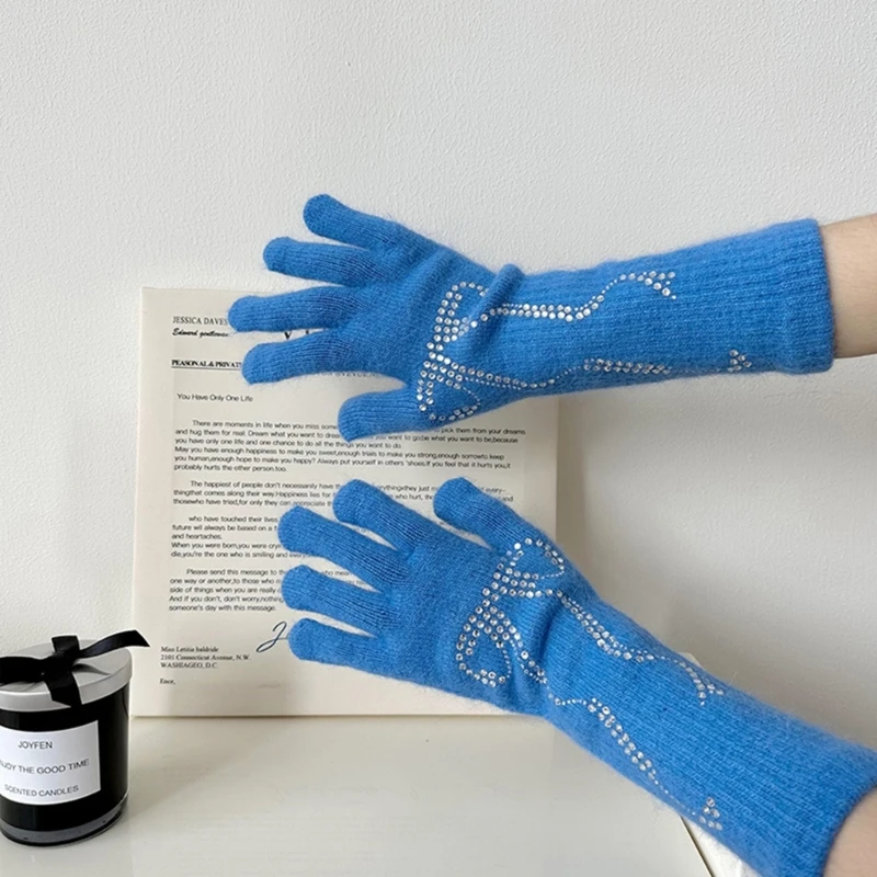 

F42F Winter Warm Gloves Full Finger Gloves with Diamante Adults Breathable Gloves Knitted Full Finger Cold Weather