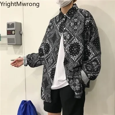 페이즐리 반다나 칼라 풀 슬리브 버튼 업 셔츠 하라주쿠 여성 남성 빈티지 streetwear 루즈 탑 블라우스 가을 하와이 힙합