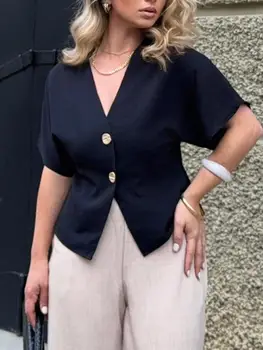 Women's Solid Color V-Neck Trim Shirt Short Sleeve with Golden Button Details Loose Fit Single Piece 1