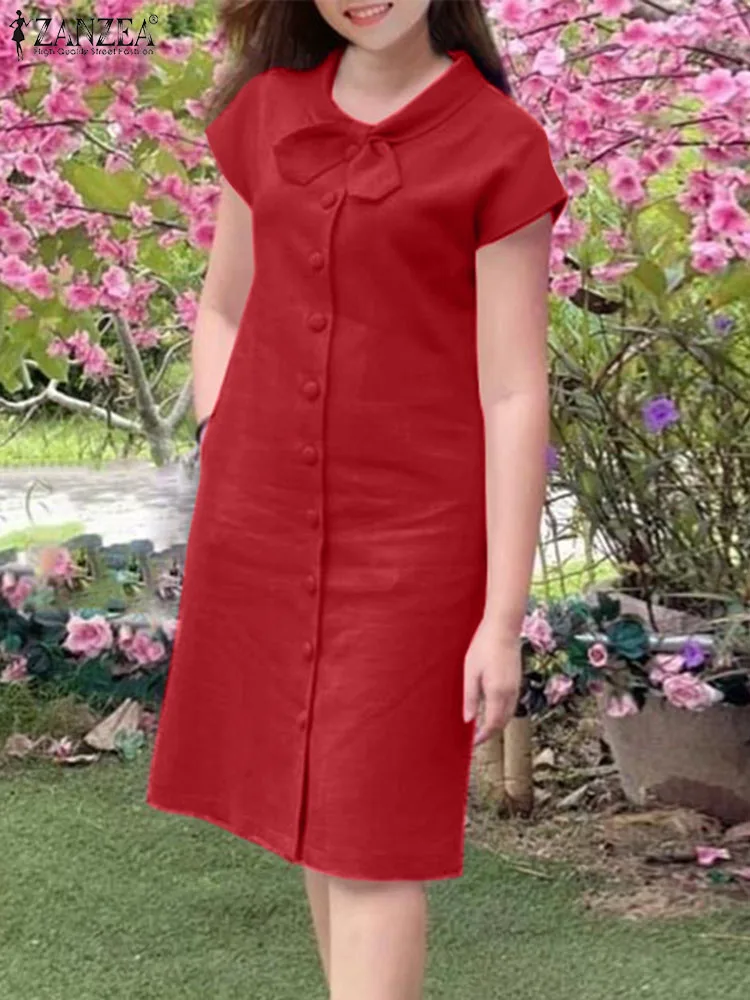 

ZANZEA Summer Women Elegant Casual Work Party Sundress Vintage Lace Up Vestido Robe Fashion Short Sleeve Solid Knee-length Dress