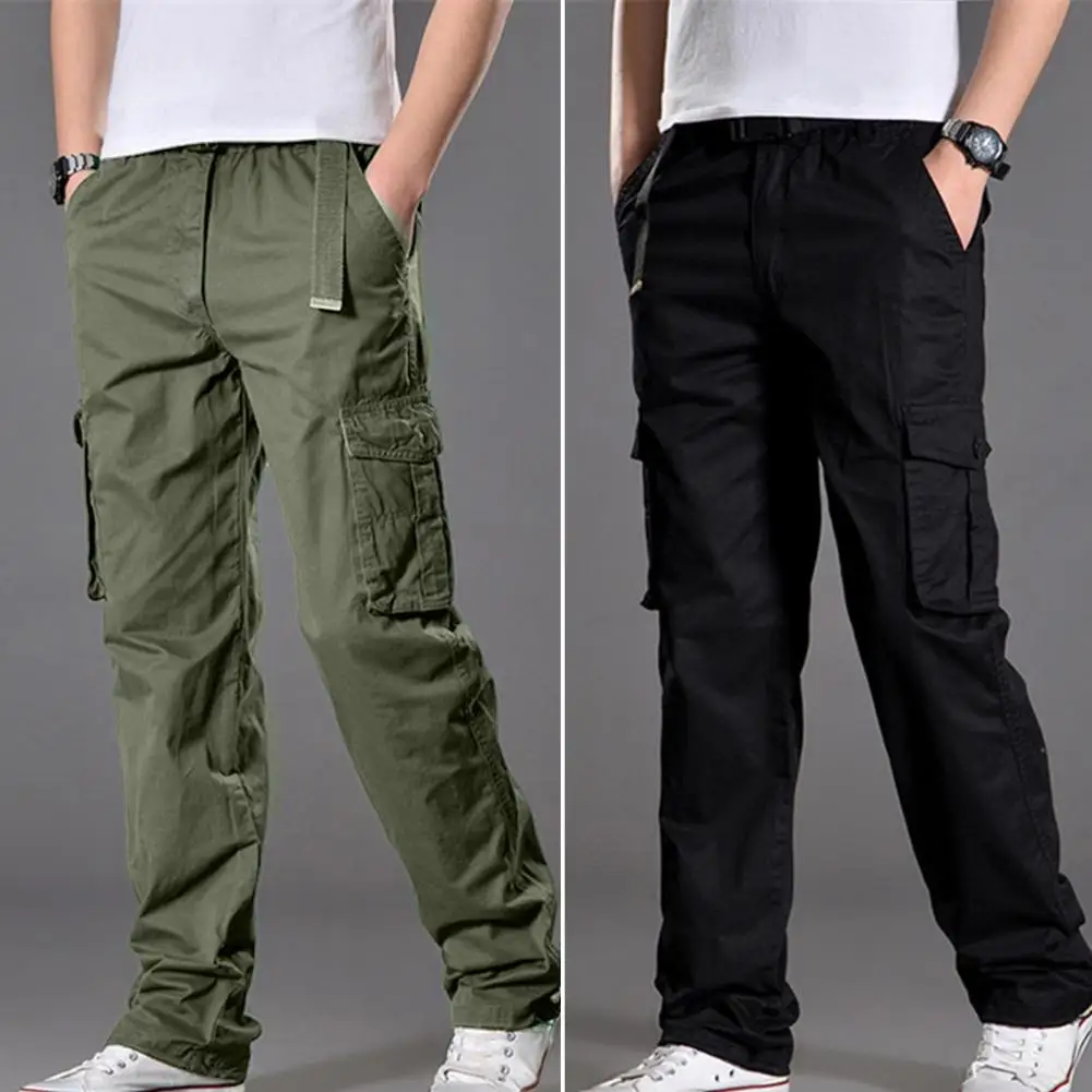 

Elastic Waist Straight Wide Leg Man Pants Multi Pockets Mid-Rise Men Cargo Pants for Mountain Climbing Autumn Trousers