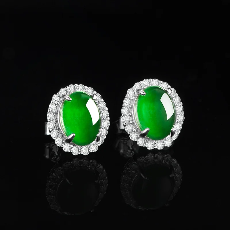 

Natural A-grade Jade Oval Egg Face Yang Green Earrings Ice Jadeite Fashion S925 Silver Inlaid Women's Gifts Jewelry Drop Ship