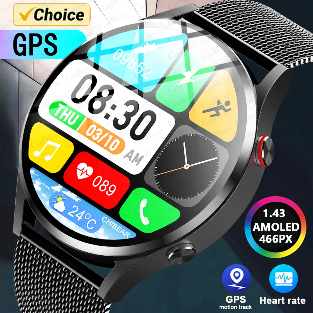 1.43 AMOLED 응답 통화 가능 시계, 상시 디스플레이, GPS 스마트 워치 4 Pro IP68 방수 스포츠 스마트워치, 남녀공용, 2024 신제품