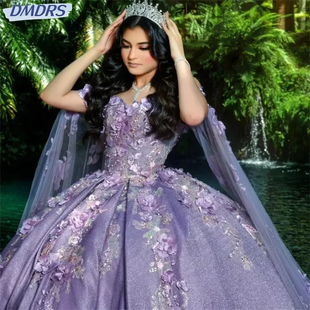 Elegante Halve Mouw Prinses Baljurk Charmante Quinceanera Jurk Klassieke 3d Bloem Appliqué Lovertje Met Cape Sweet 16 Jurk