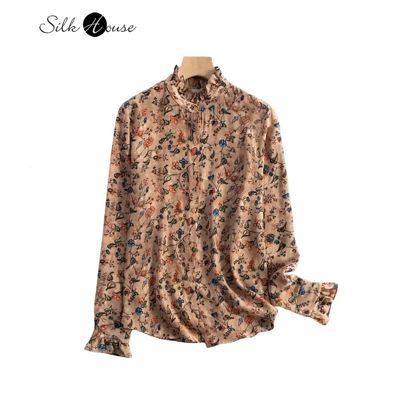 2024 Spring/Summer New 100%Natural Mulberry Silk 03Crepe De Chine Pattern Retro French Commuter Long Sleeved Women's Shirt