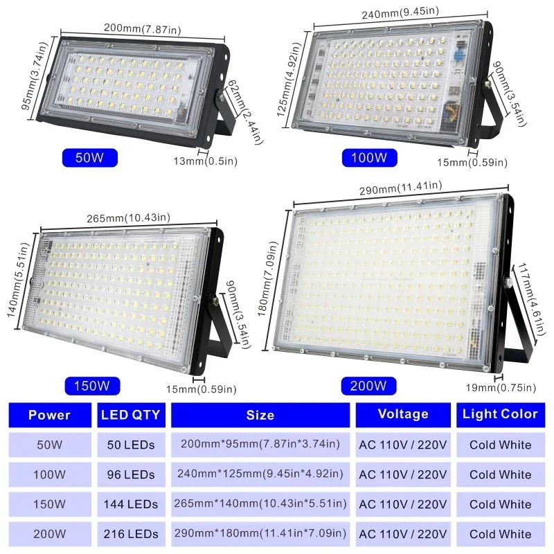 LED Flood Light 1/2/3PCS 110V 220V 50W 100W 150W 200W Outdoor IP65 Waterproof Wall Lamp Reflector