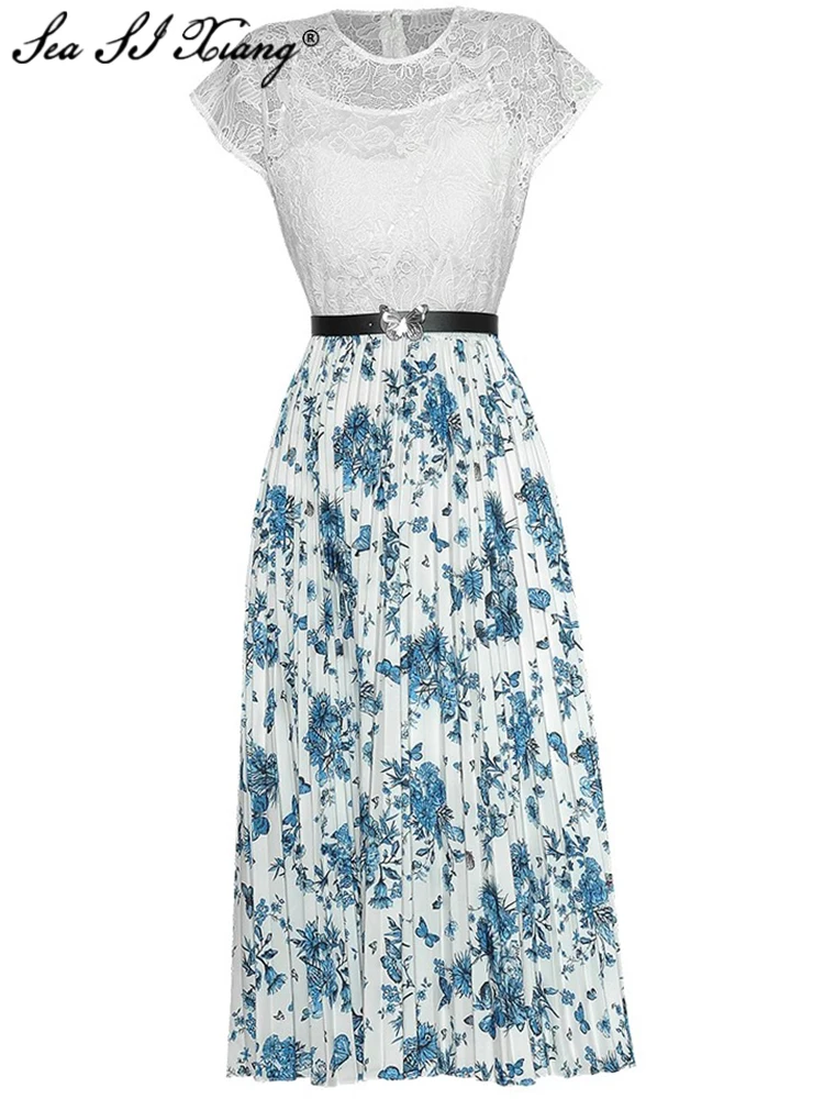 

Женское плиссированное платье Seasixiang, летнее дизайнерское платье с круглым вырезом, коротким рукавом, поясом и вырезами, в стиле пэчворк