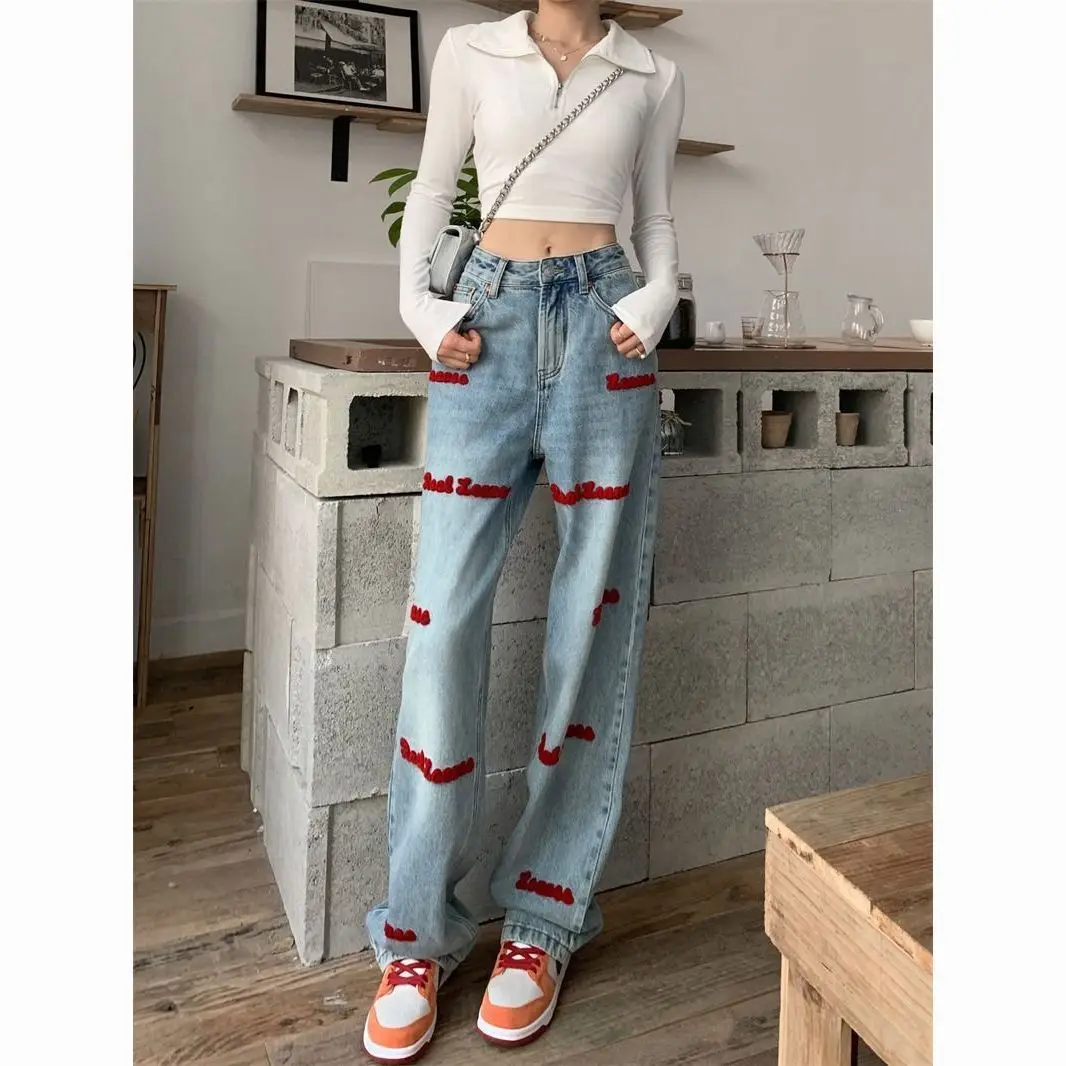 Women's Jeans Wide Leg Pants Retro Embroidery Trousers Oversized Krean Style Street Vintage Casual Ladies Y2k Denim Pants Jeans summer retro gothic denim patch shorts ladies trend high street harajuku high waist wide leg pants loose hot girl style