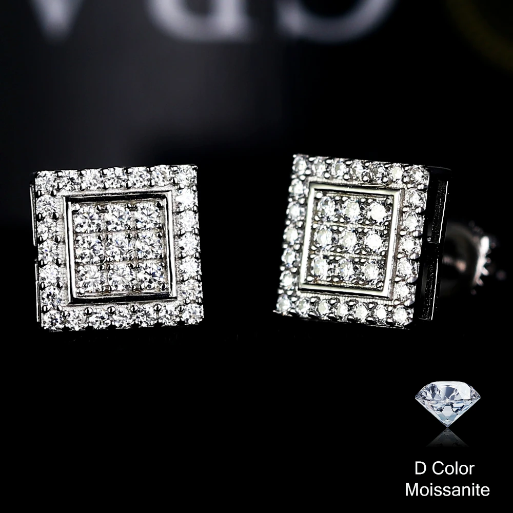 925 Sterling Silver VVS1 D Color Moissanite Square Stud Earrings for Men Women Screw Ear Stud Fine Jewelry Diamonds Pass Test