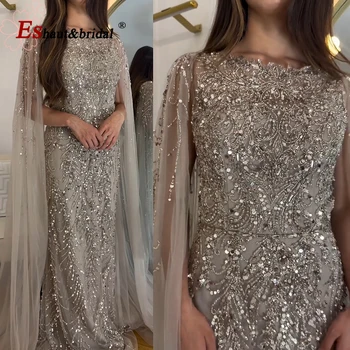 Luxury Mermaid Evening Dress with Cape Sleeves for Women 2026 Elegant O Neck Beaded Formal Prom Wedding Party Gowns Customized 1