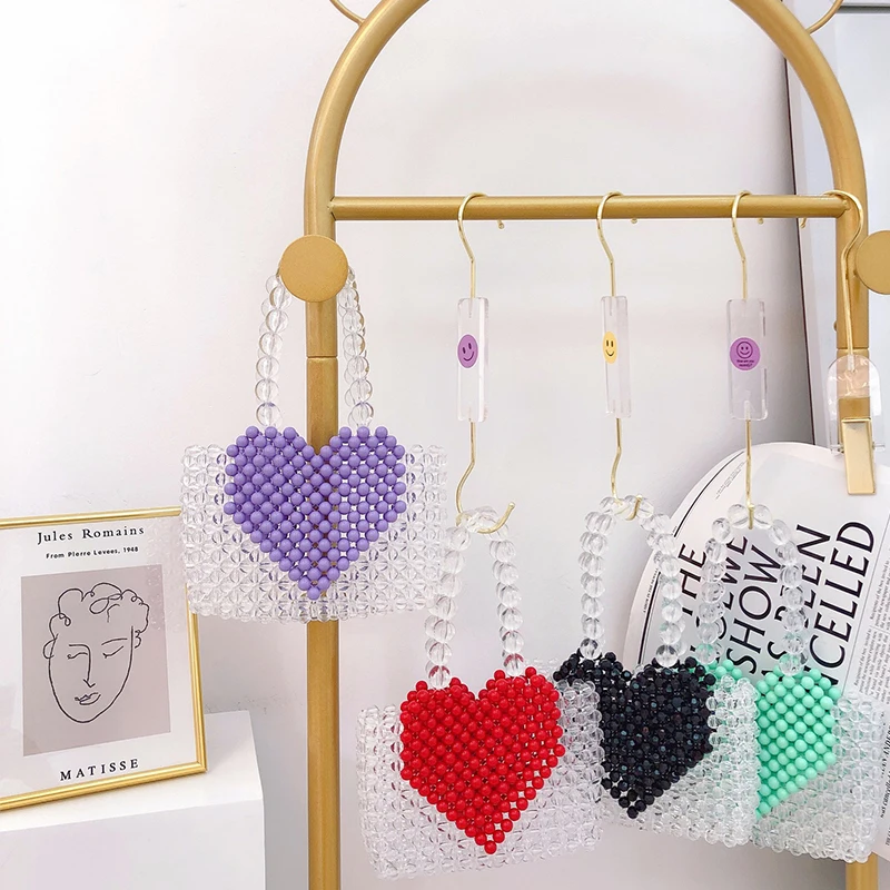

New Summer Love Design Women's Shoulder Bag 2024 Fashionable Small Fresh Transparent Beaded Weaving Small Handbags for Women