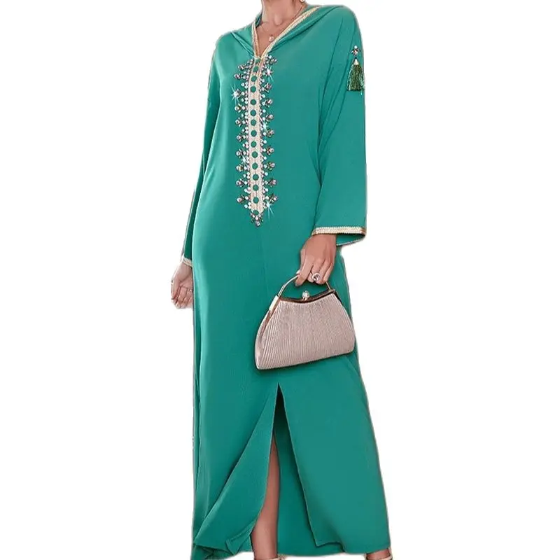 

Ramadan New Hooded Long Dress Diamonds Robe Muslim Woman Costume Morocco Arabic Dubai Hight Quality Modest