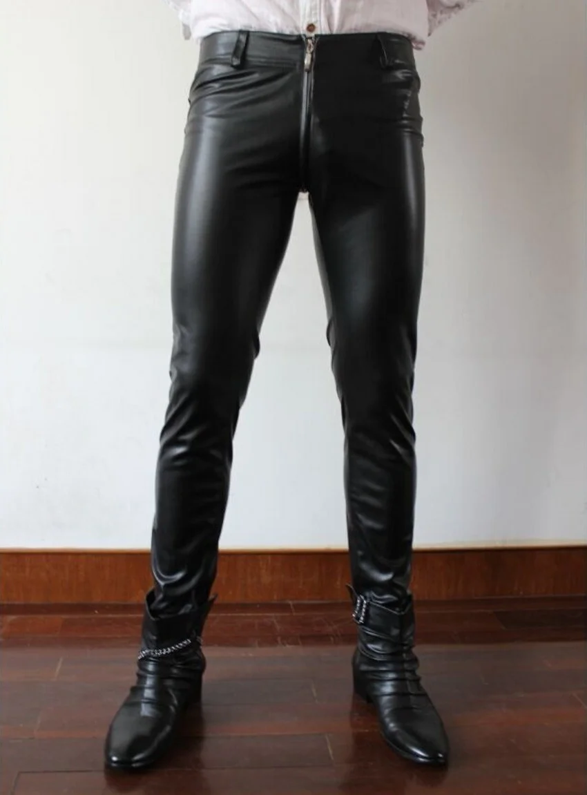 

New Men Leggings Zipper Sexy Elastic Leather Pants Nightclubs Bars Black 2022 Performances Male Trousers Free Shipping 29-39