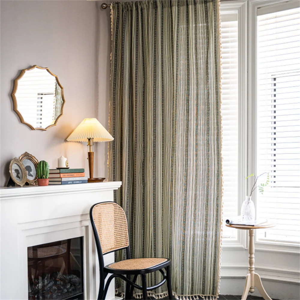 

American Bohemian Style Red Gilding Stripe Cotton Linen Printing Semi Transparent Living Room Blackout Home Window Curtain