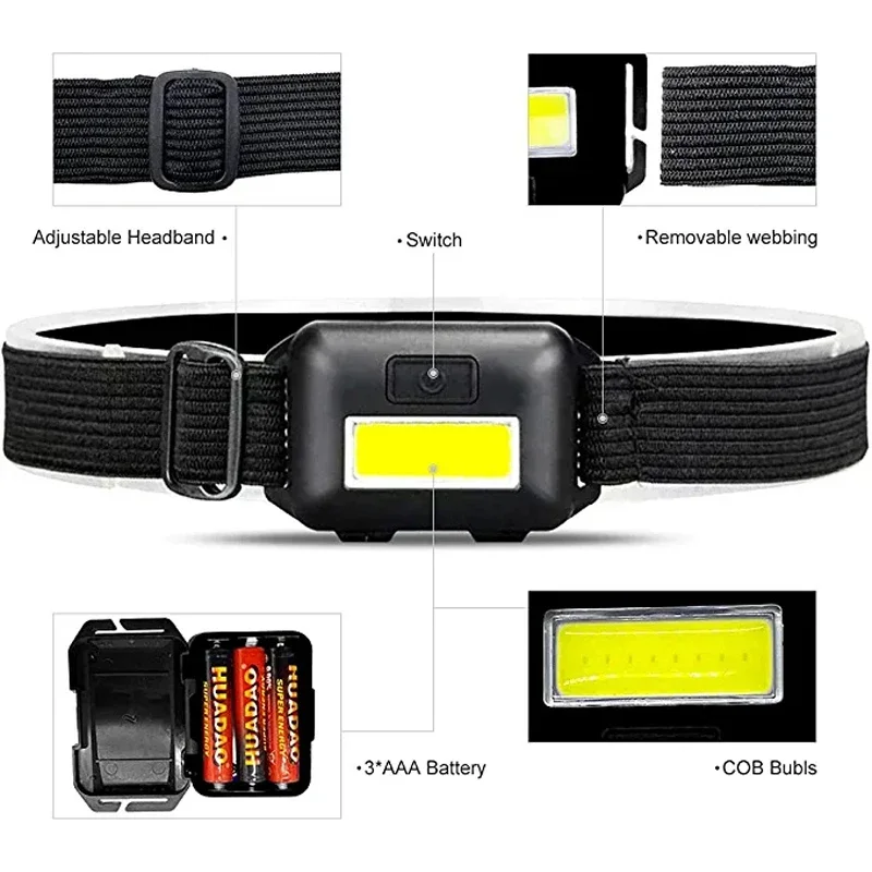 Head Flashlight COB Headlamp LED Headlamp Flashlight Cob Head Light Bright Head Lamp Waterproof with 3 Modes Batteries for Adults Kids Outdoor Camping