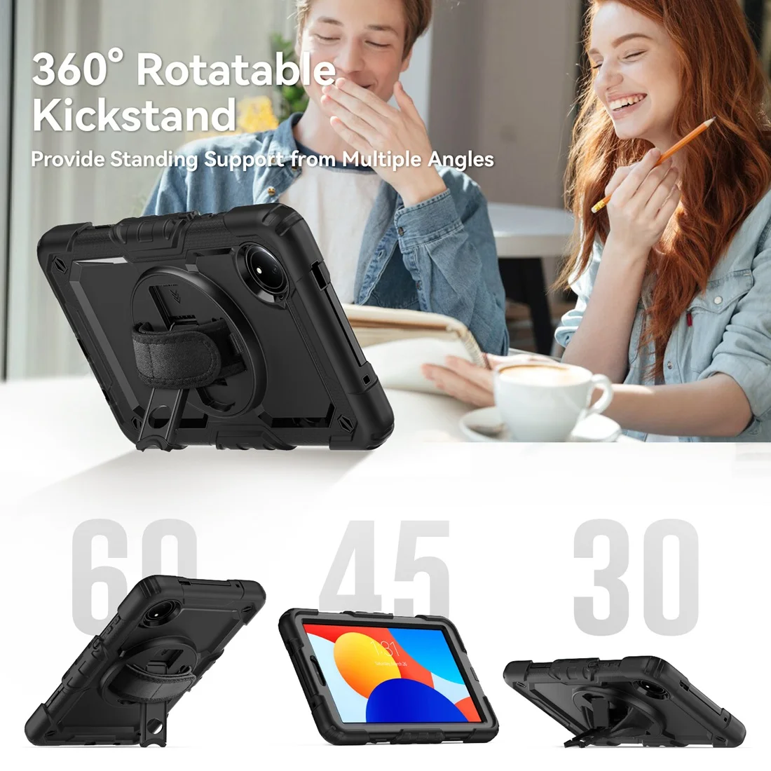 Heavy Duty Shockproof Case with 360° Rotating Stand and Hand/Shoulder Strap, Built-in Screen Protector