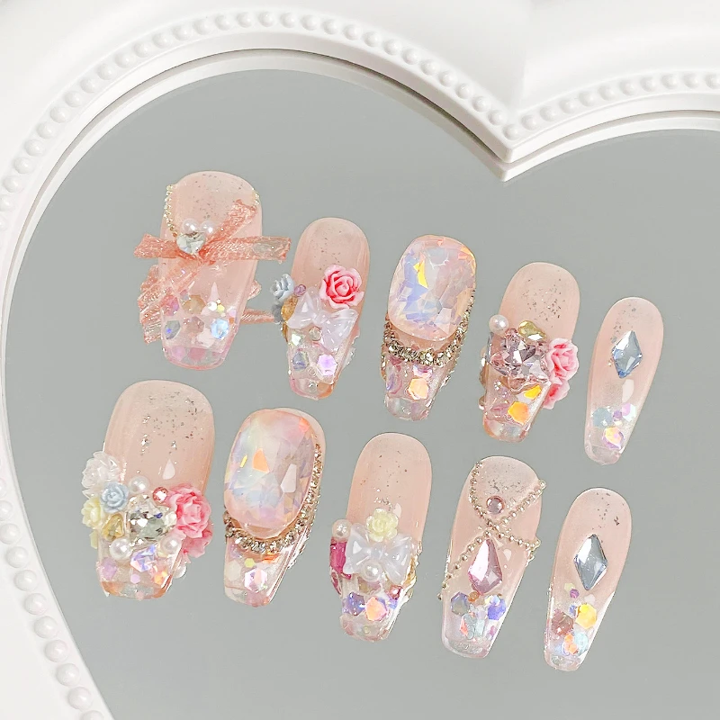 여성용 가짜 손톱, 3D 라인석 꽃 디자인, 누드 핑크 수제 프레스, 발레리나, DIY 매니큐어, 10 개 
