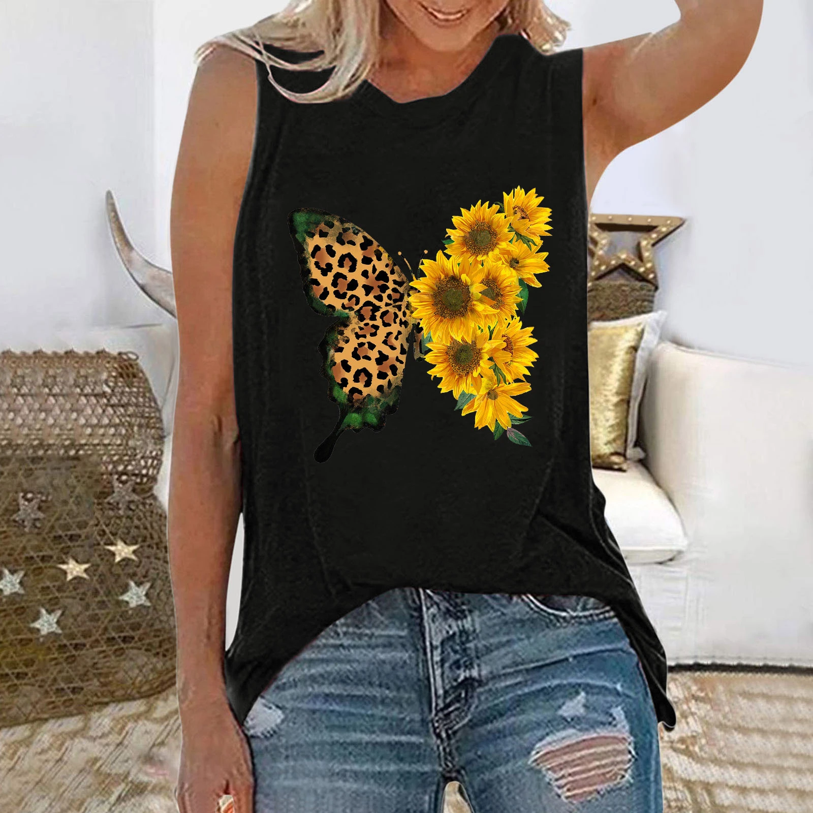 Hacer la cama roble Hija Camisas informales con estampado de girasol para mujer, blusa sin mangas  con cuello redondo, blusa estampada informal, blusas estampadas de estética  encantadora| | - AliExpress