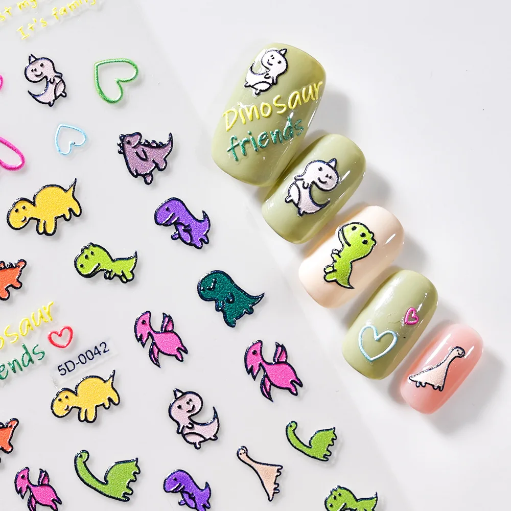 

1Pcs Cute Dinosaur Nail Stickers 5D Cartoon Self-Adhesive Nail Decal Nail Art Supplies Cute Little Dinosaur Design Nail Sticker