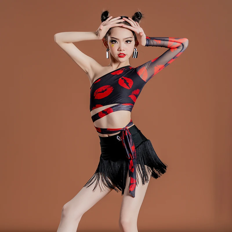 Latin clothing, summer black dance dress, girls' high-end practice clothes, children's performance clothes, tight fringe skirt