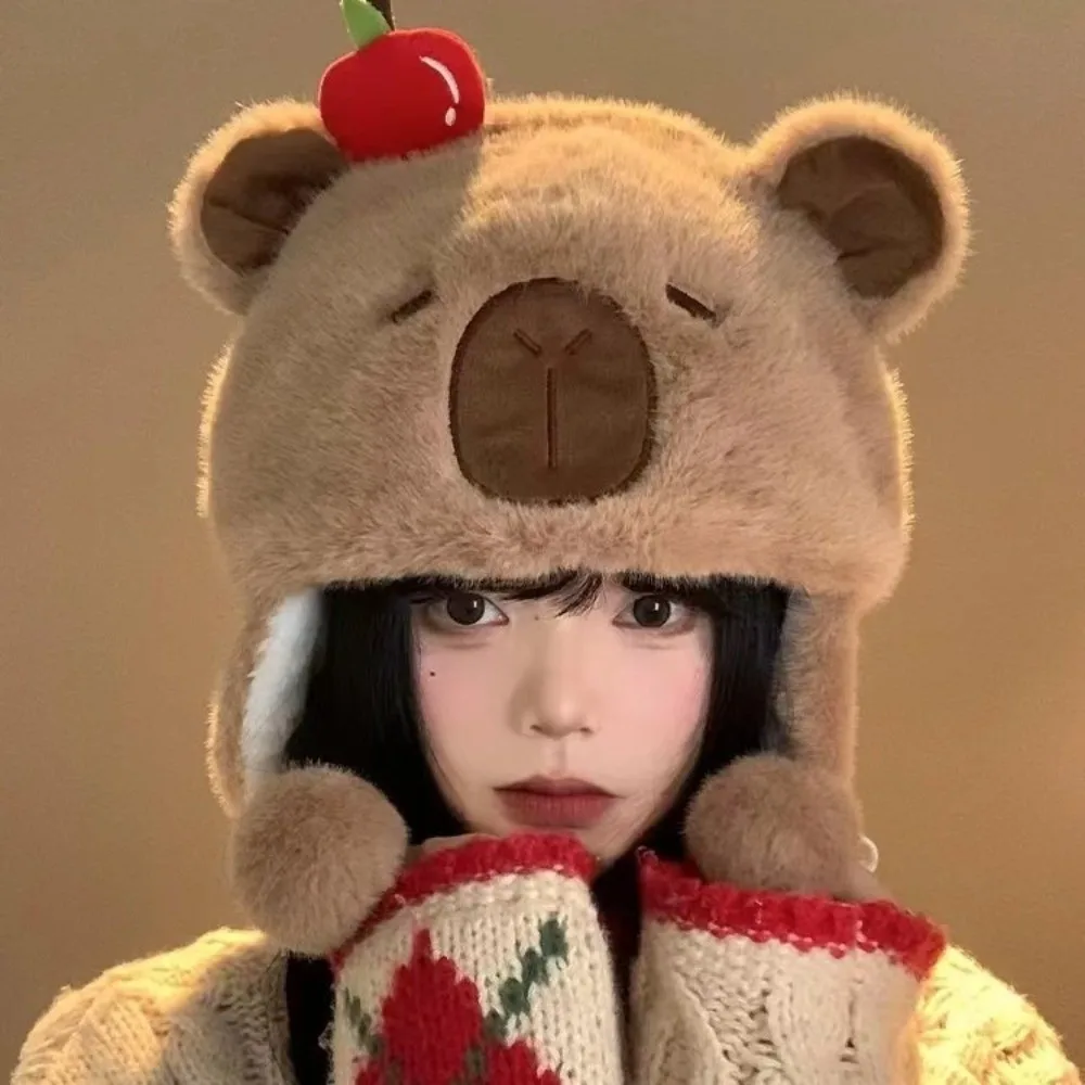 New Windproof Bonnet Cap Coldproof Warm Ear Protection Cap Capybara Fluffy Bucket Hat Women