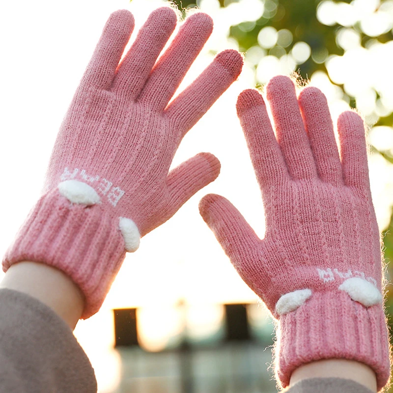 1 pair Fashion Winter Cashmere Warm Knitted Mittens for Women Girls Universal Outdoor Riding Touch Screen Gloves 5 Colors 21x8cm
