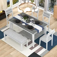 6-Piece Dining Set – White & Gray Table, 4 Upholstered Chairs, Bench, Classic Traditional Style Furniture - Image 2