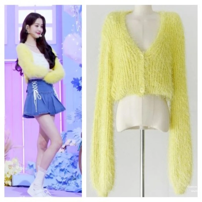 

Kpop Korean Singer Streetwear Sweet Slim V-neck Short Knitted Mohair Sweaters Women Thin Cardigan Fashion Long Sleeve Crop Top