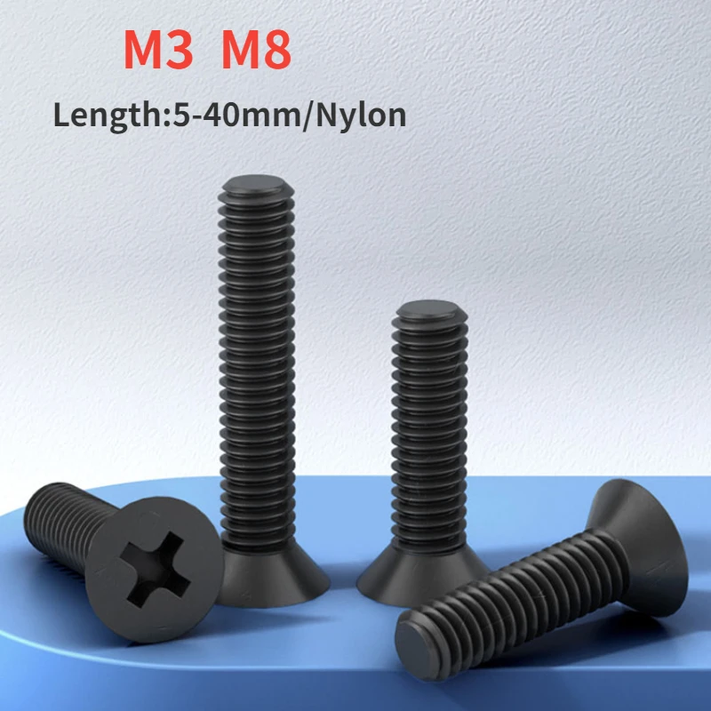 

M3 M8 Black Nylon Countersunk Head Screws Plastic Phillips Flat Machine Screw Length 5-40mm