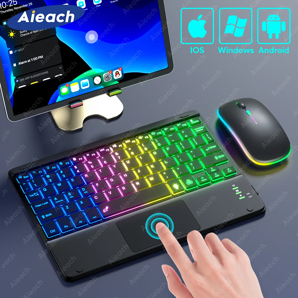 WirelessBacklitBluetoothKeyboardwithTouchpadRechargeableTabletKeyboardforiPadand