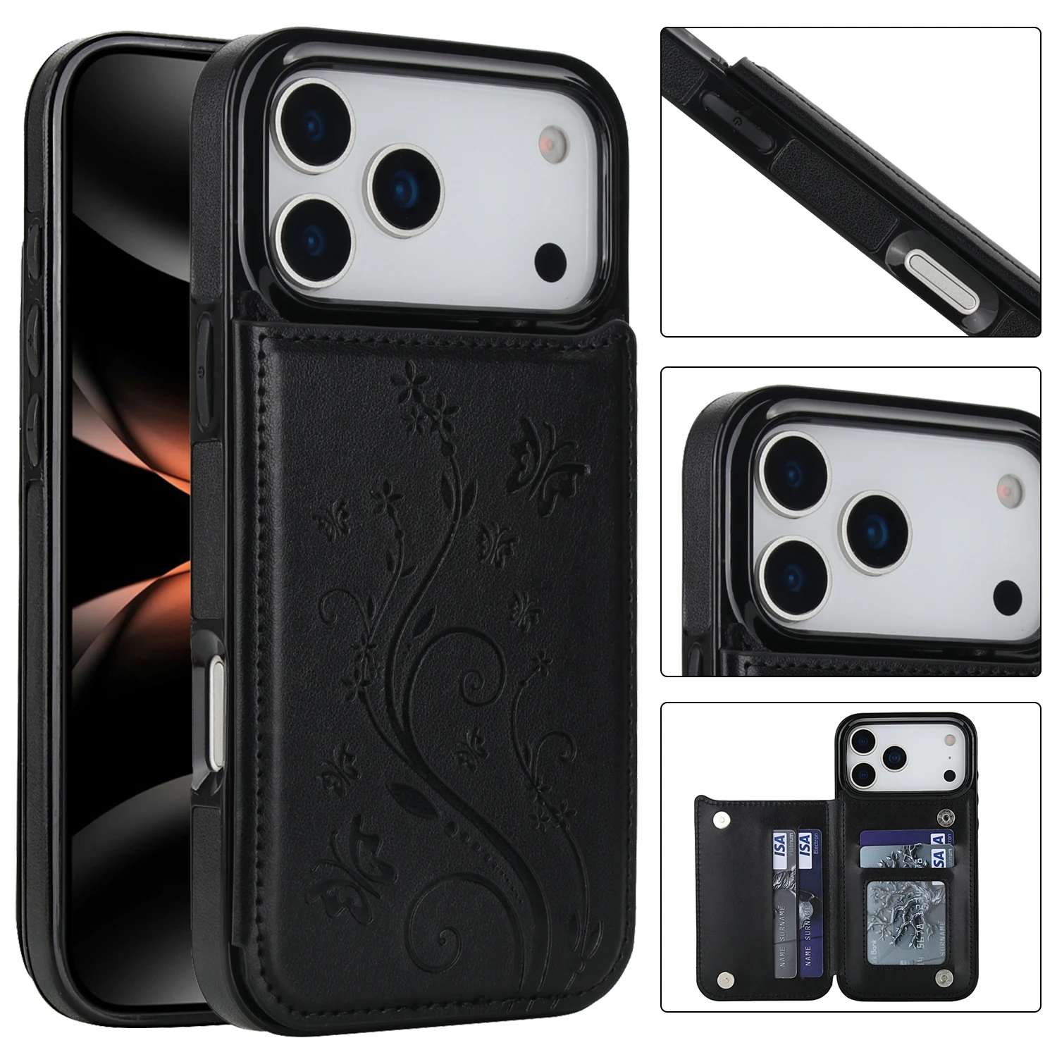 Elegant Butterfly Press Leather Wallet Case with Double Buckle Stand and Card Holder