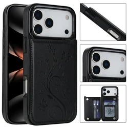 Elegant Butterfly Press Leather Wallet Case with Double Buckle Stand and Card Holder - iPhone 15 (Black)