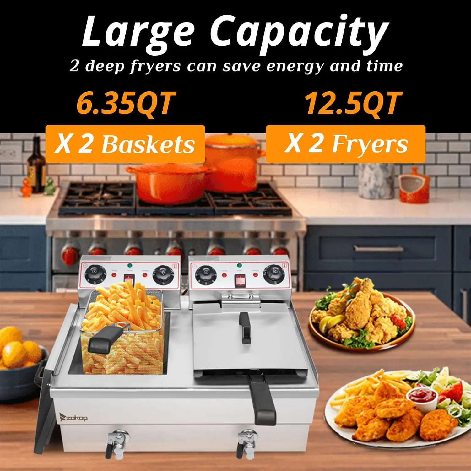 24.9QT Capacity Electric Deep Fryer with Time Control & Oil Filtration Countertop Dual Tank Fryers w/Drain Temperature Control