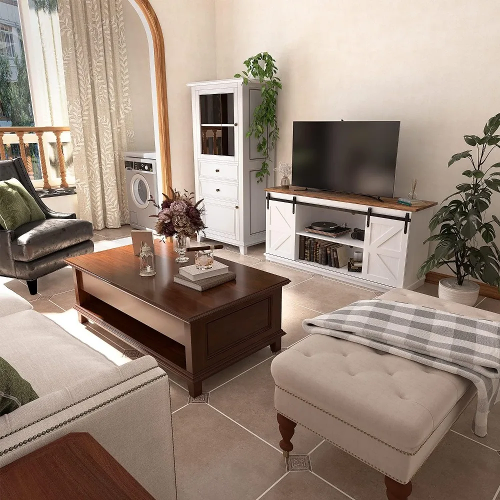 TV Stand for 65 Inch TV, Entertainment Center with Storage Cabinets and Sliding Barn Doors, Mid Century Modern Media TV Table 6