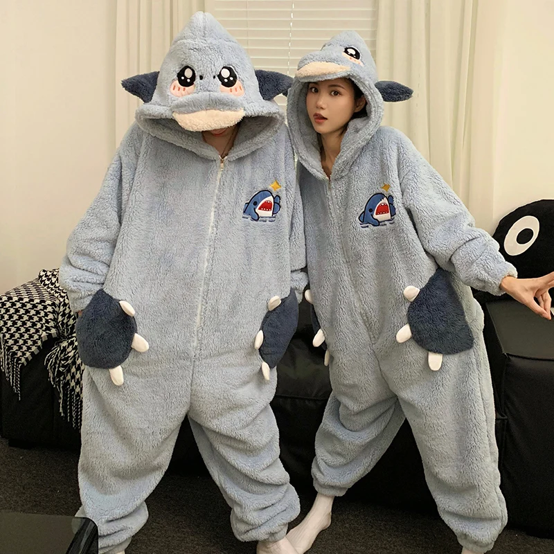 Kigurumis Couples Onesie Sleepwear Pajama Cartoon Shark Women Men Thicken  Pijama Jumpsuits Zipper Lovers Homewear Loungewear - AliExpress