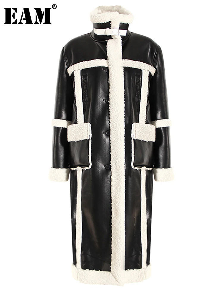 

[EAM] Loose Black Pu Leather Lambswool Big Size Thick Jacket New Lapel Long Sleeve Women Coat Fashion Autumn Winter 2024 7AB2001