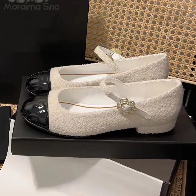 

Flower Buckle Strap Mary Jane Leather Shoes Thick Heel Low Heel Round Toe Color Matching Buckle Strap Comfortable Women's Shoes