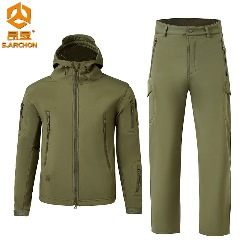 

Outdoor Tactical Waterproof Set Men Hiking Camping Hunting Sets Multi-pockets Wear-resisting Soft Shell Charge Coat Male Suit