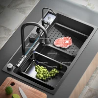 Waterfall Sink Kitchen Stainless Steel Large Single Slot Multifunctional Tank Apartment Wash Basin Drainage on the left 1