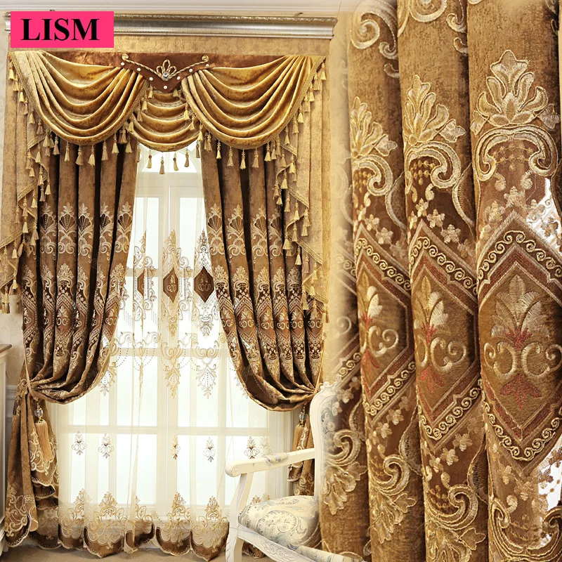 

High-end Chenille Embroidered Curtains for Living Room Bedroom European Custom Blackout Cloth Luxury Window Valance Decor Tulle