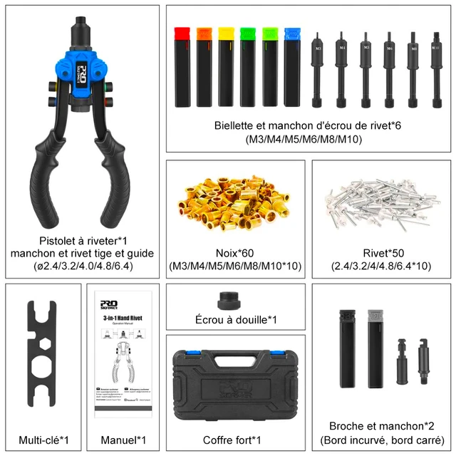 PINCE A RIVETER DE 2.4 à 4.8 mm ET A INSERTS FILETES de 3 à 6 mm