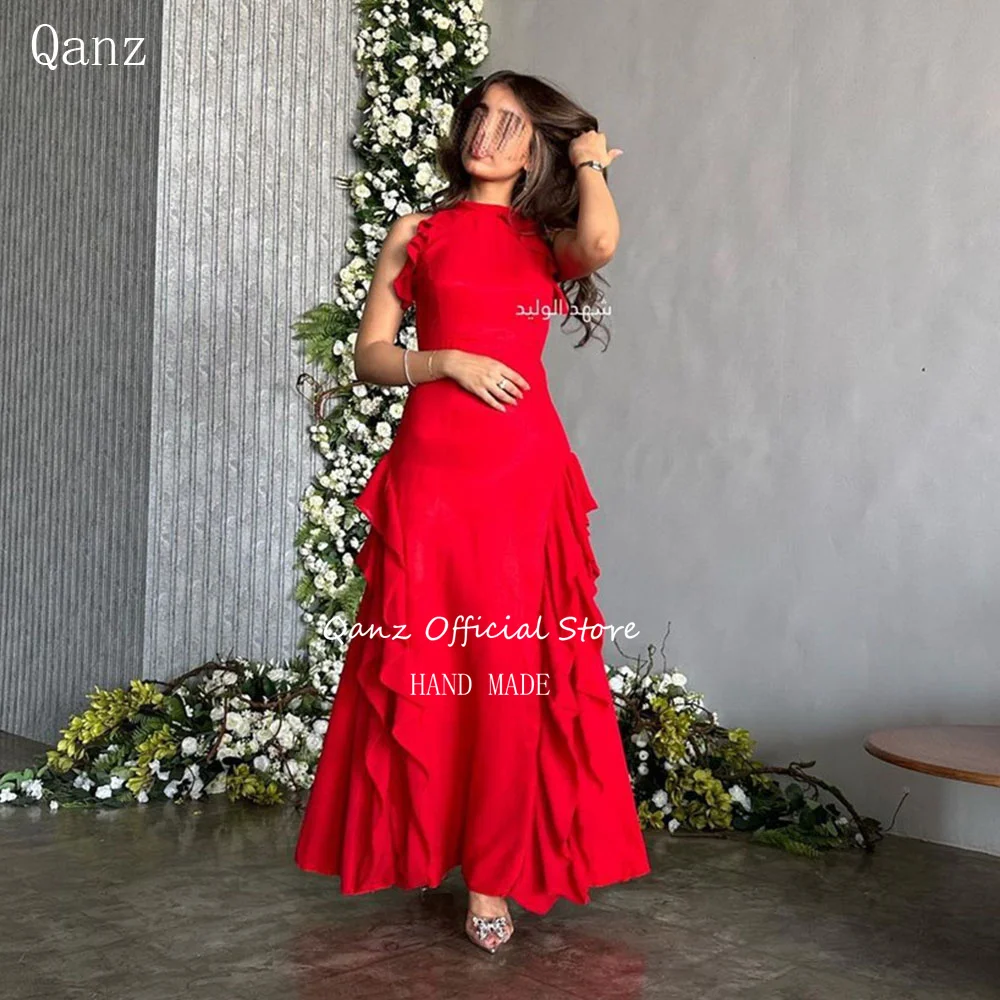 

Qanz Red O Neck Evening Dresses Mermaid Saudi Arabia Floor Length Vestidos De Noche Elegantes 2024 Long Formal Occasion Dresses